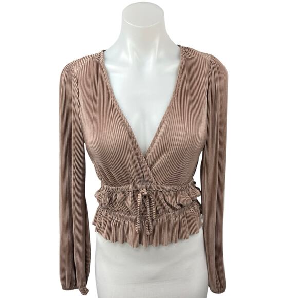Zara Brown Metallic Pleated V-Neck Long Sleeve Cinched Tie Peplum Blouse Top S - Picture 1 of 5
